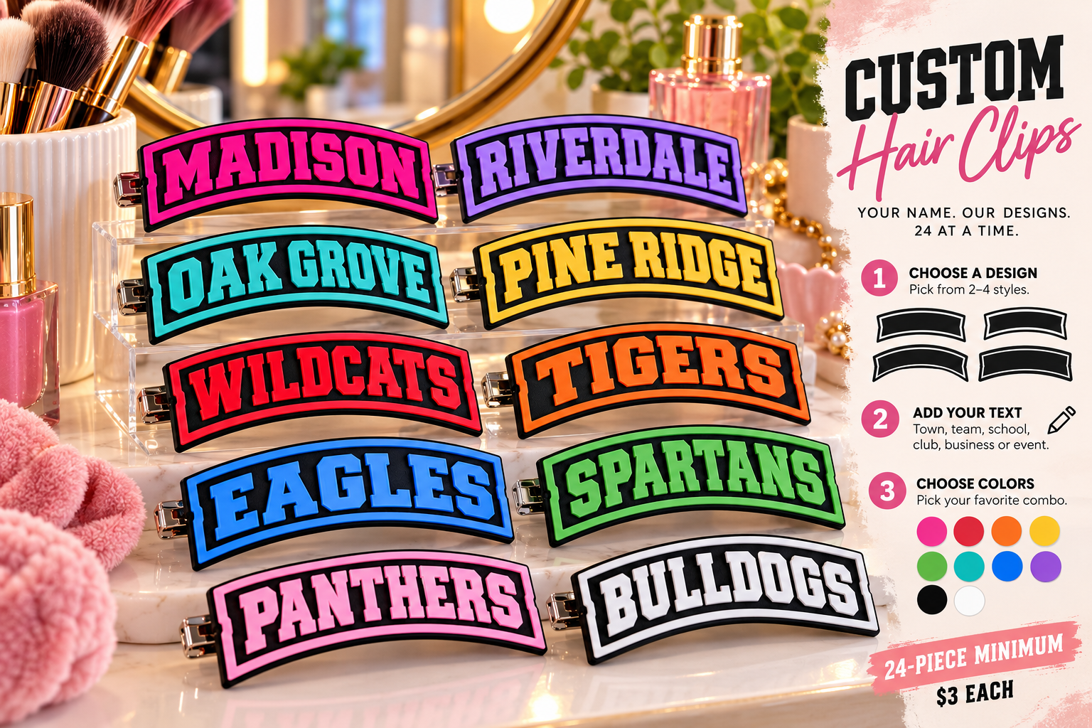 Custom bulk hair clips in assorted town, team and group designs