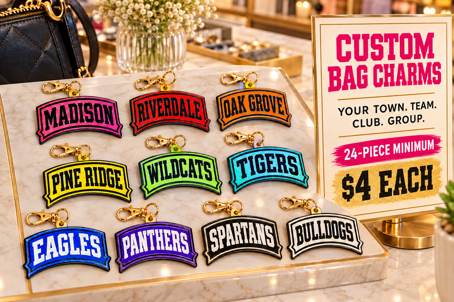 Custom bulk bag charms in assorted town, team, school and club designs